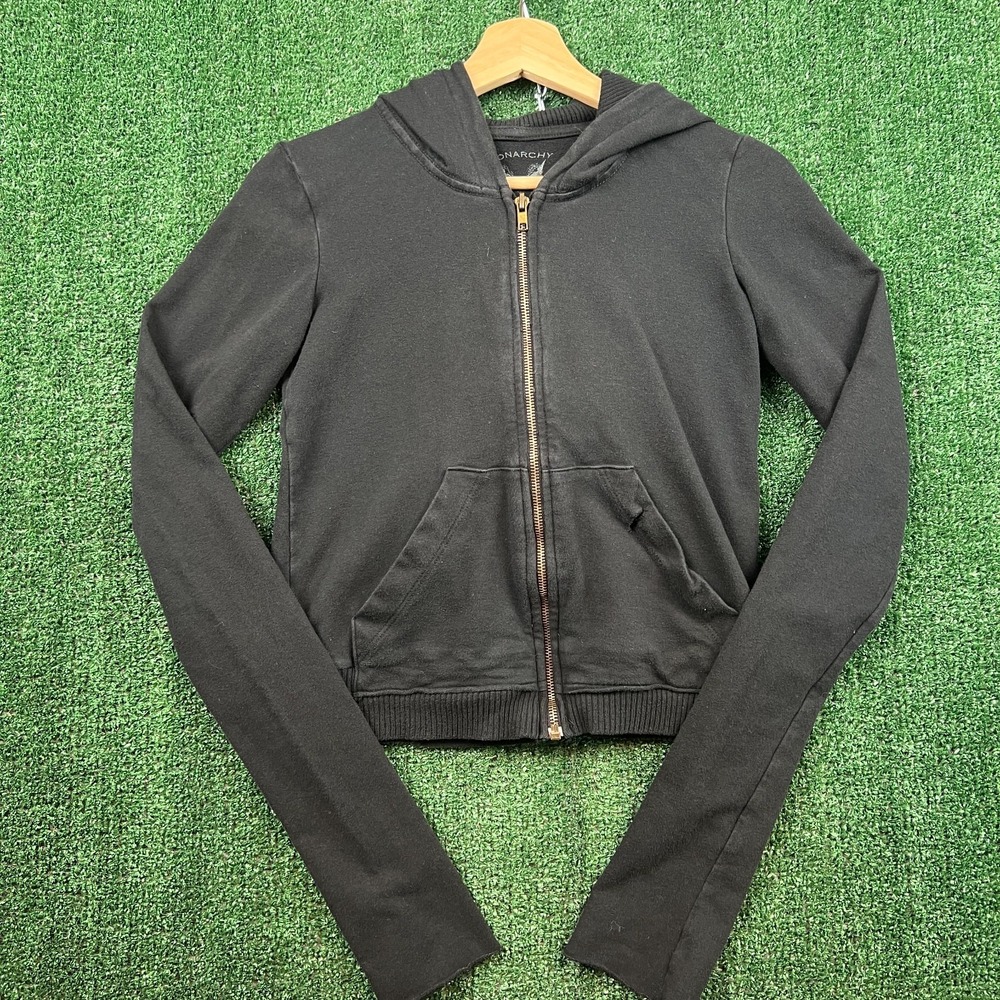 VTG Monarchy Zip Hoodie Womens XS Black Studded Wings Gothic Biker Graphic Y2K